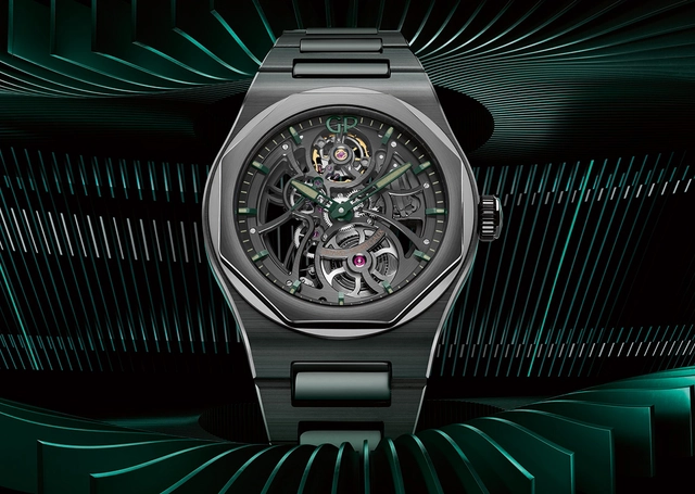 Girard-Perregaux Laureato Skeleton Aston Martin Edition, Uhr vor grünem Hintergrund
