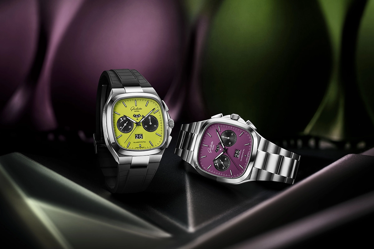 Glashuette Original, zwei Uhren, Referenz 1-37-02-20-02_70 und 1-37-02-19_02_63, Seventies_Chronograph Panorama Date Fusion und Plasma