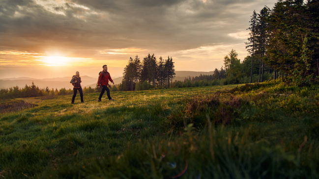 Zwei Wanderer auf einem Wanderweg auf der Wiese beim Sonnenuntergang