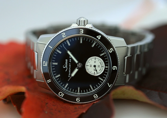 Sinn Spezialuhren 104 Klassik 12, Uhr liegend auf Herbstlaub