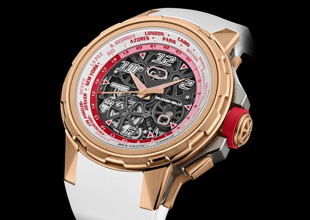 Richard Mille – RM 63-02 Automatic Worldtimer, Automatikuhr aus Gold mit skelettiertem Zifferblatt und Kautschukband