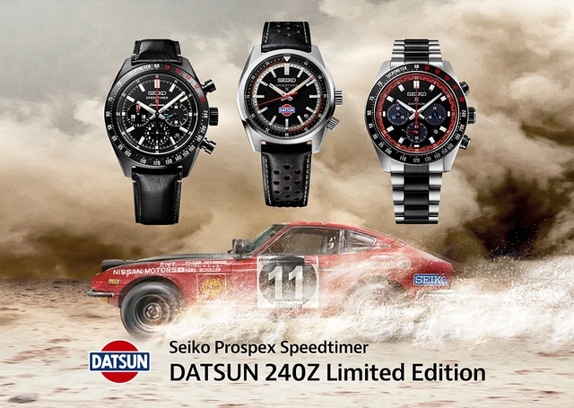 Seiko Speedtimer Automatic Datsun Limited Edition, drei Uhren vor Datsun im Hintergrund