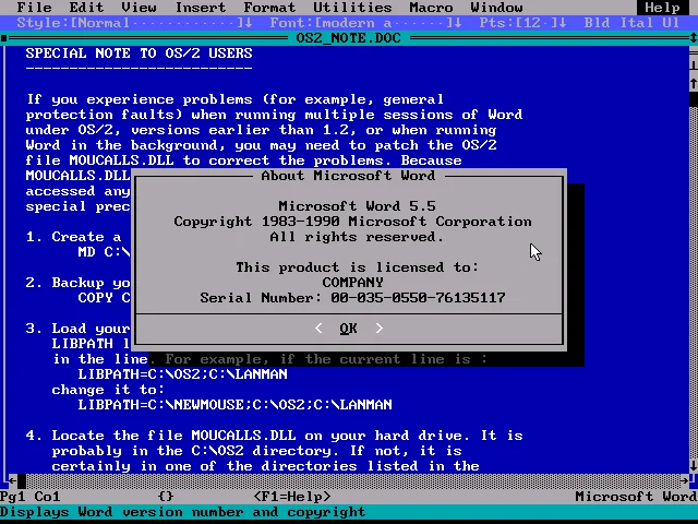 Microsoft Word 5.0 About Dialog (1989)