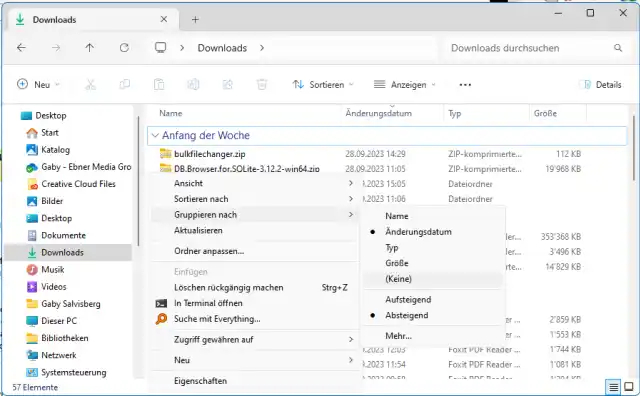 Das Explorer-Fenster mit dem Kontextmenü