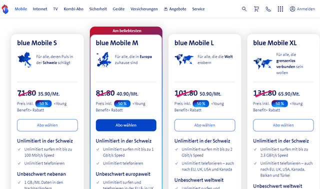 Preisübersicht mit Sparpotenzial von Young Benefit von Swisscom