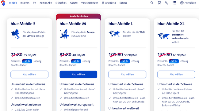 Preisübersicht mit Sparpotenzial von Young Benefit von Swisscom