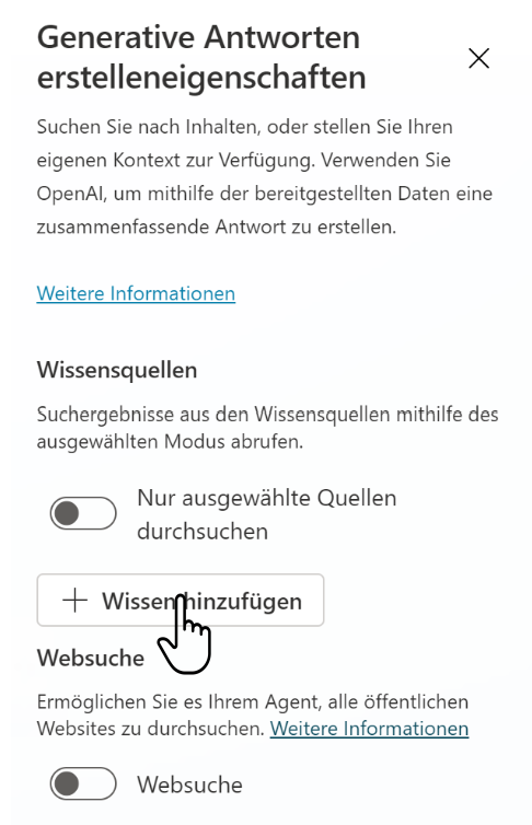 Wissensquellen werden einem generativen Antwortknoten in den Knoteneigenschaften über „+ Wissen hinzufügen“ zugeordnet (Bild 2)