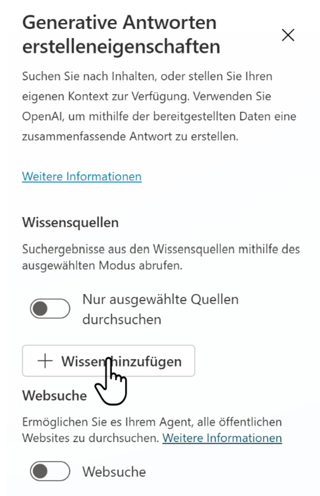 Wissensquellen werden einem generativen Antwortknoten in den Knoteneigenschaften über „+ Wissen hinzufügen“ zugeordnet (Bild 2)