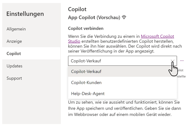 Ein mit Copilot Studio erstellter KI-Assistent kann direkt über die Copilot-Komponente als Steuerelement in einer Business-App übernommen werden (Bild 2)
