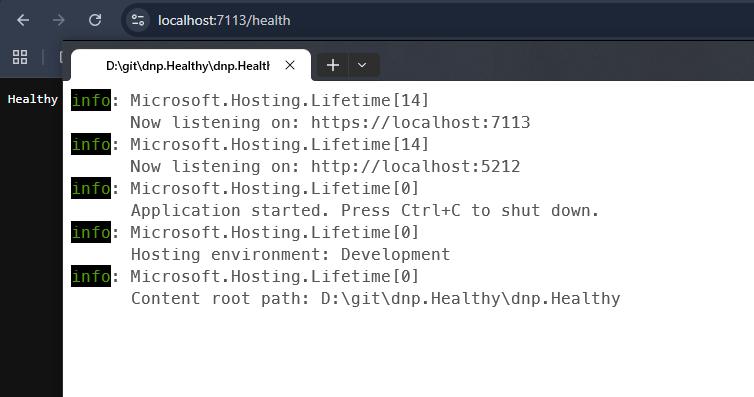 Ausgabe des Health-Endpunkts im Browser (Bild 1)