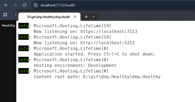 Ausgabe des Health-Endpunkts im Browser (Bild 1)