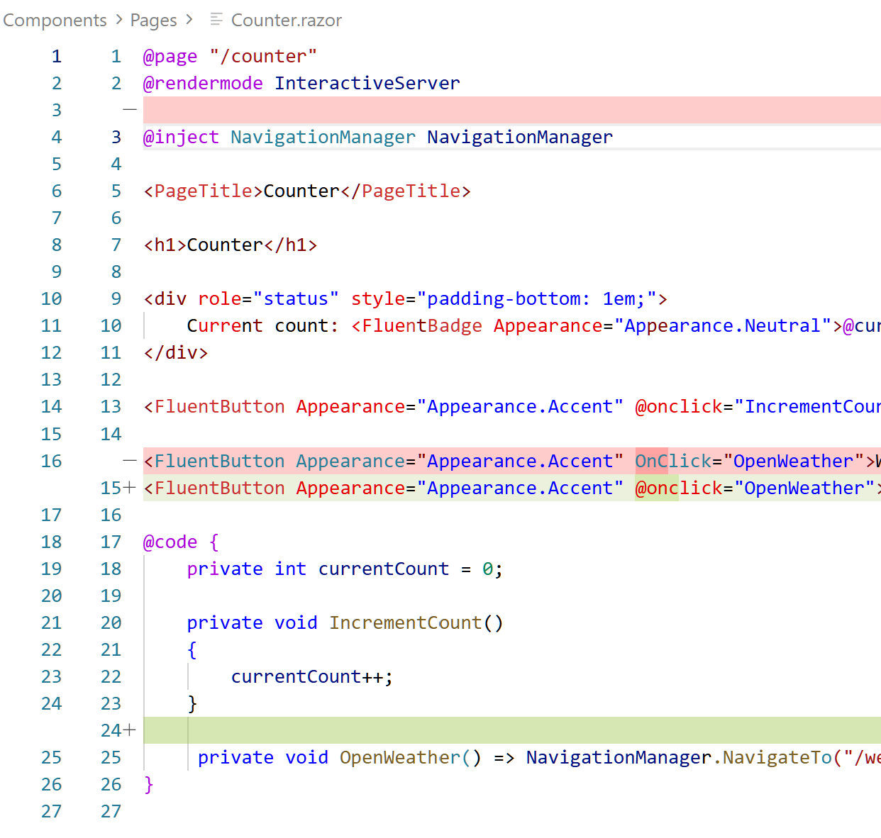 Cursor zeigt Änderungen im Quellcode über den VS-Code-Editor an (grün: aktueller, geänderter Quellcode; rot: Quellcode vor der Änderung) (Bild 2)