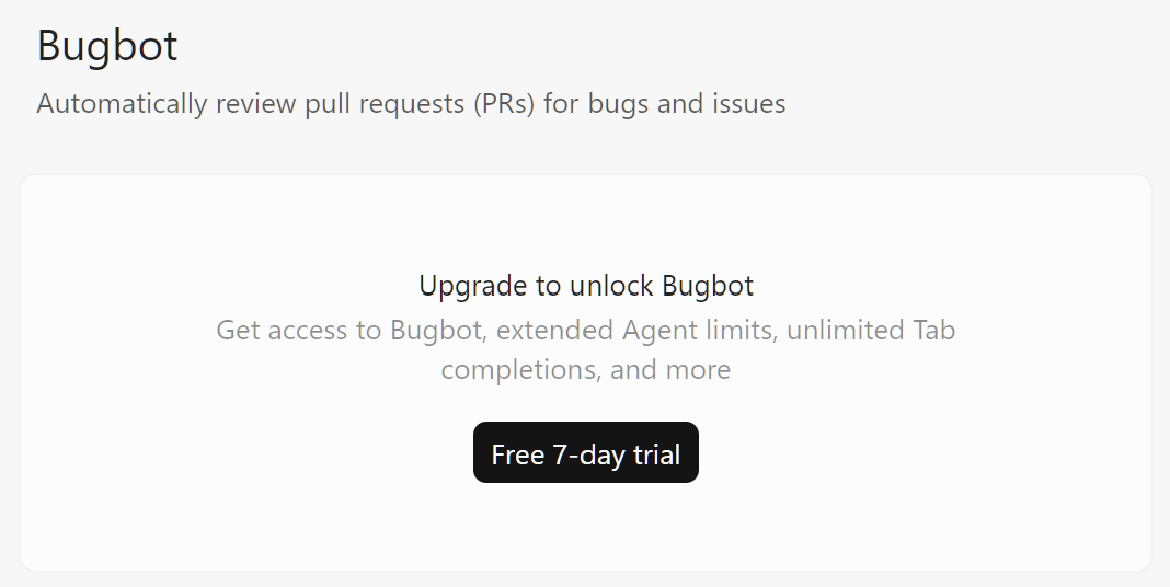 Die Auswahl „Bugbot“ im Dashboard von Cursor aktiviert den gleichnamigen Code-Reviewer, der Pull Requests automatisiert nach Fehlern oder sonstige Auffälligkeiten durchsucht (Bild 2)