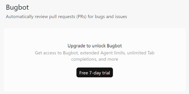 Die Auswahl „Bugbot“ im Dashboard von Cursor aktiviert den gleichnamigen Code-Reviewer, der Pull Requests automatisiert nach Fehlern oder sonstige Auffälligkeiten durchsucht (Bild 2)
