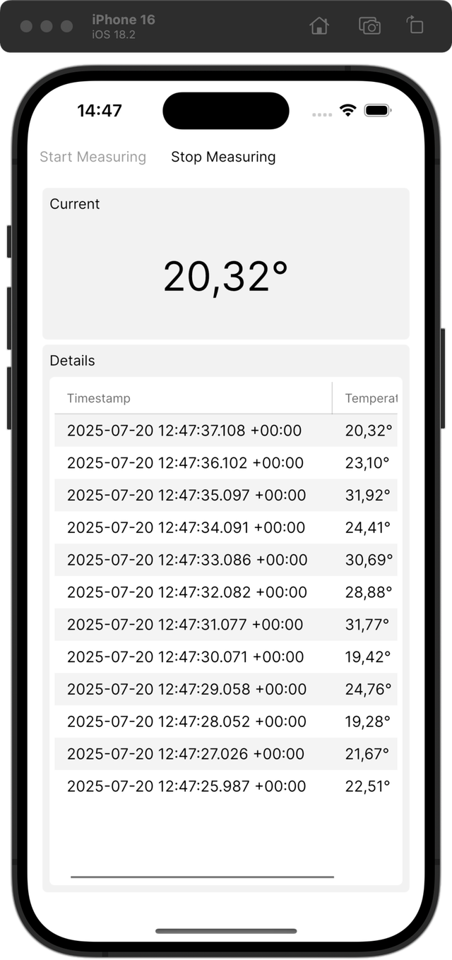 Beispiel-App dieses Artikels auf einem emulierten iOS Gerät (Bild 1)