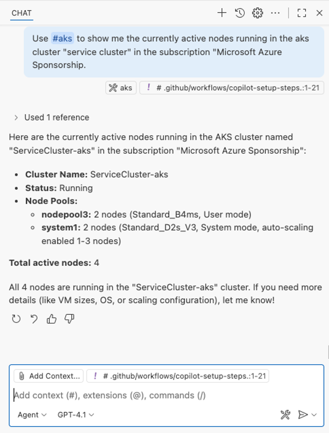 Azure-MCP mit expliziter Tool-Referenz zur Abfrage der Nodes in einem AKS-Cluster (Bild 6)