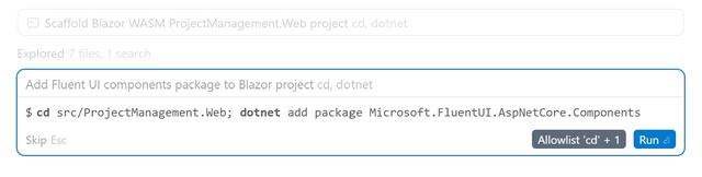 Basierend auf den Erkenntnissen beim Arbeiten im Fluent-UI-Blazor-Projekt schlägt Cursor die notwendigen Befehle vor (Bild 1)