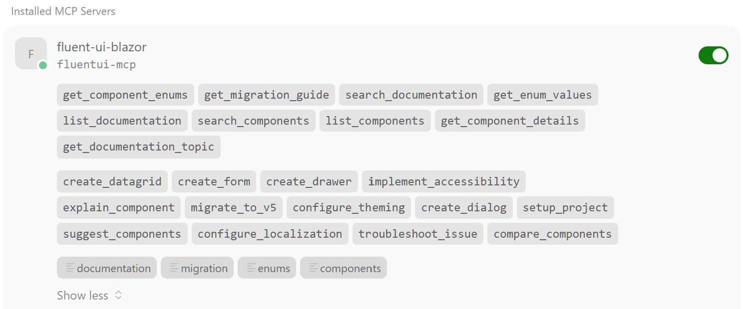 Der MCP-Server für Fluent UI Blazor stellt dem Entwickler verschiedene Tools, Prompts und Ressourcen bereit (Bild 3)