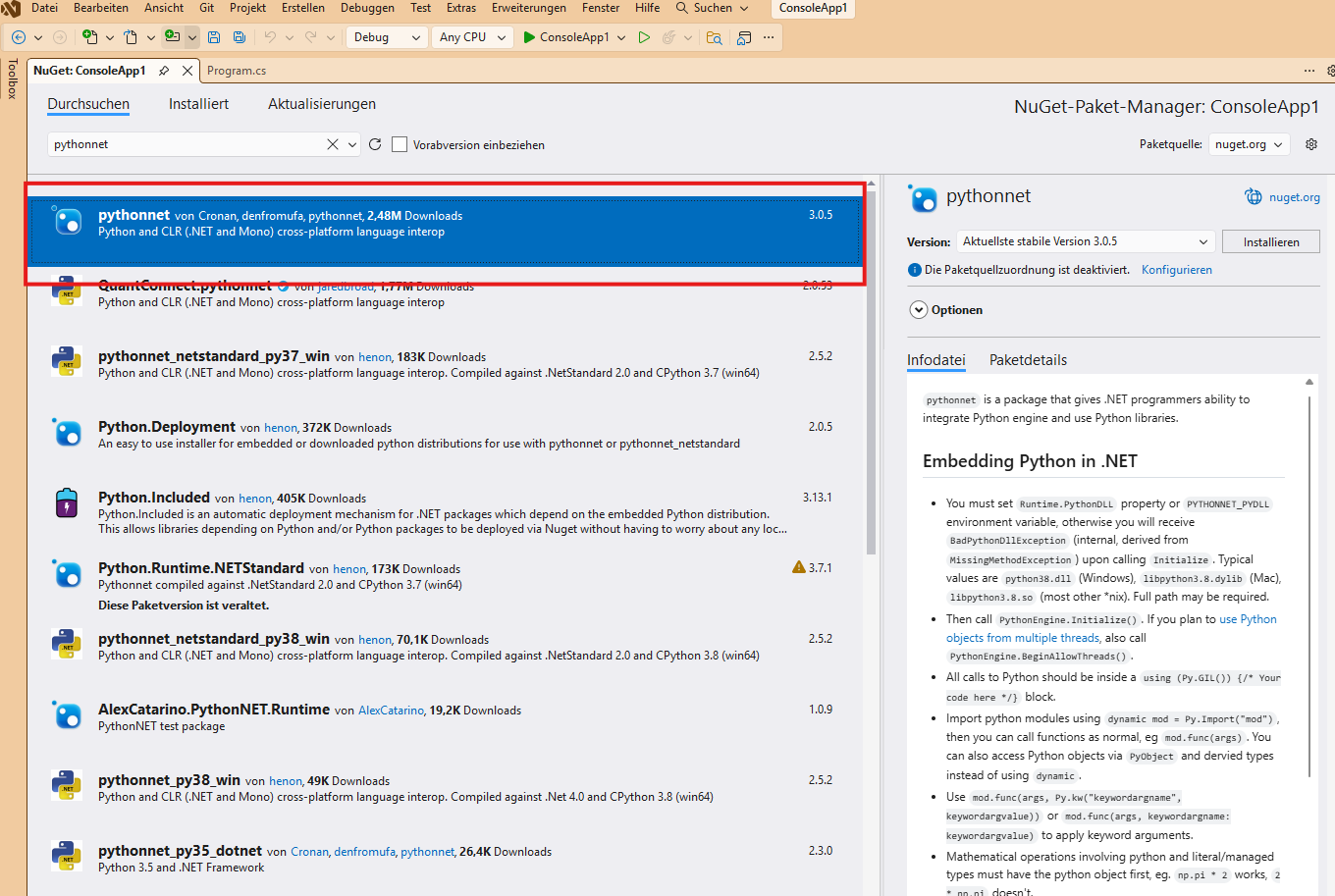 Integration von Python.NET via NuGet in ein .NET-Projekt (Bild 1)