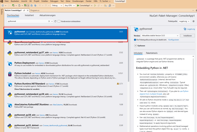 Integration von Python.NET via NuGet in ein .NET-Projekt (Bild 1)