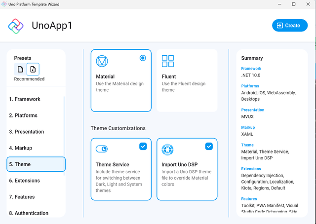 Themenwahl beim Erzeugen eines neuen Uno-Projekts (Bild 1)