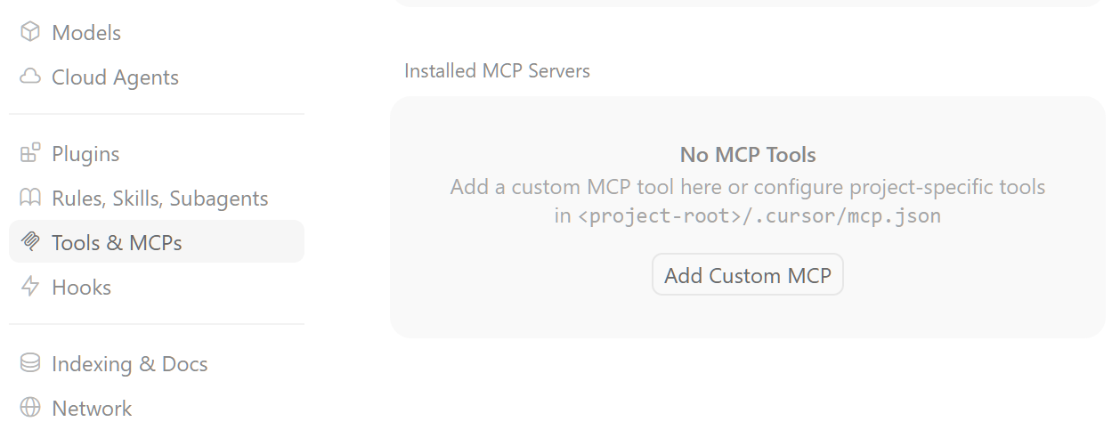 Ein Klick auf „Add Custom MCP“ öffnet die mcp.json-Datei zur Definition des MCP-Servers (Bild 2)
