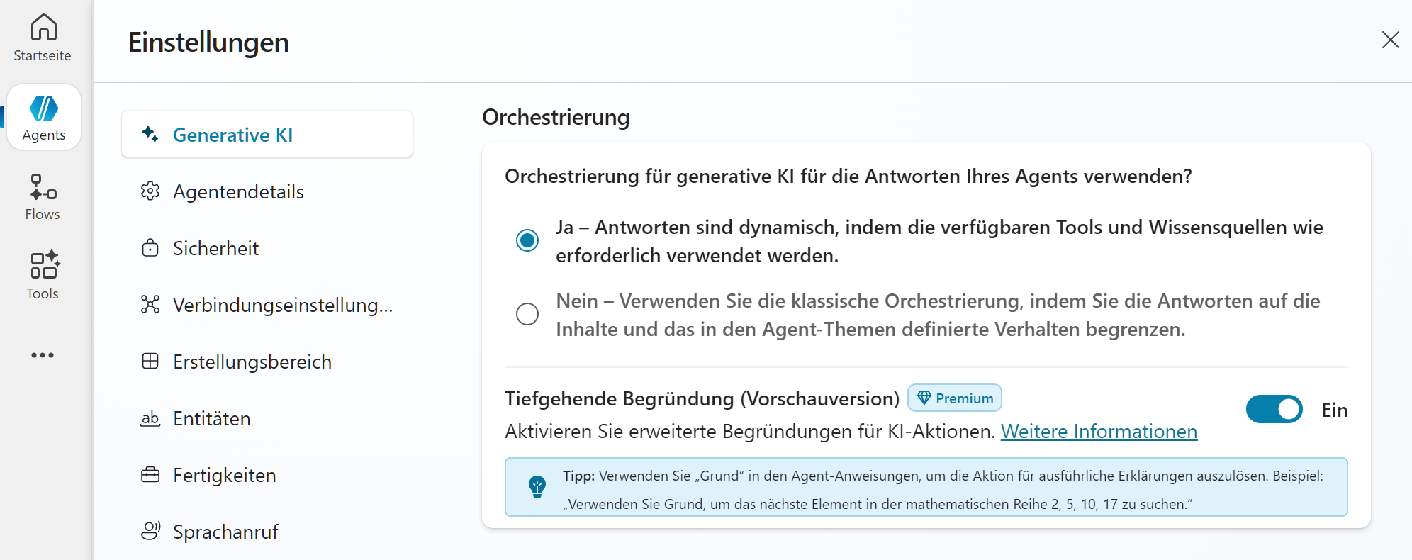 Wissensquellen werden einem generativen Antwortknoten in den Knoteneigenschaften über „+ Wissen hinzufügen“ zugeordnet (Bild 2)Die Einstellungen eines Agenten im Bereich Generative KI nehmen eine Orchestrierung für die Antworten des Agenten vor (Bild 3)