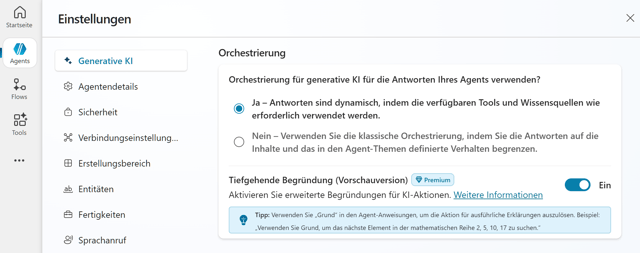 Wissensquellen werden einem generativen Antwortknoten in den Knoteneigenschaften über „+ Wissen hinzufügen“ zugeordnet (Bild 2)Die Einstellungen eines Agenten im Bereich Generative KI nehmen eine Orchestrierung für die Antworten des Agenten vor (Bild 3)