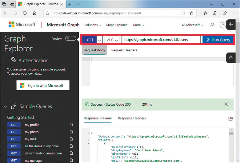 Graph Explorer zum Testen von Abfragen (Bild 3)