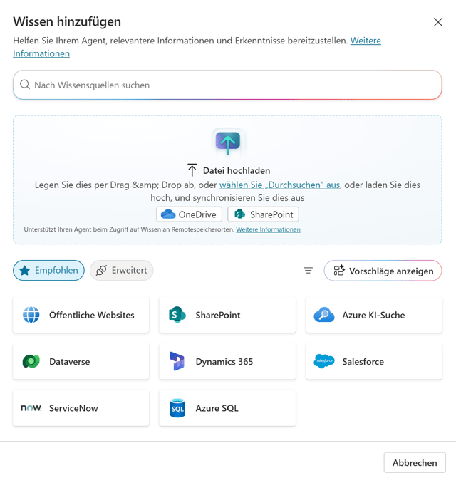 Copilot Studio erschließt dem Agenten eine Vielzahl von Wissensquellen – diese Abbildung zeigt die in Copilot Studio empfohlenen an (Bild 1)