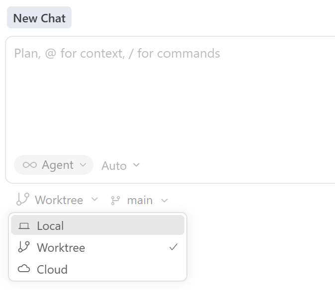 Ein KI-Agent in Cursor kann mit einem Worktree eines GitHub-Repositorys verbunden werden (Bild 1)