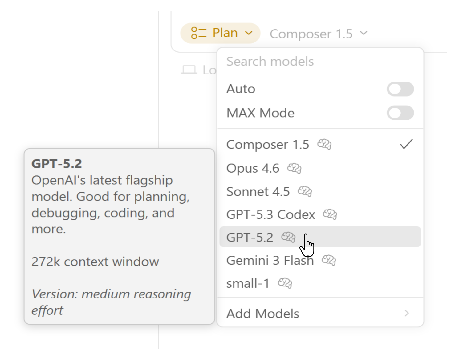In der Auswahlliste „Search models“ legt der zweite Schieberegler den MAX-Mode-Betrieb von Cursor fest (Bild 1)