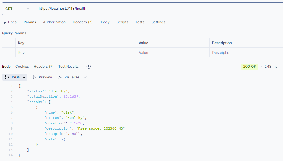 Ausgabe des Health Checks für den Speicherverbrauch in Postman mit weiteren Daten im JSON-Format (Bild 2)