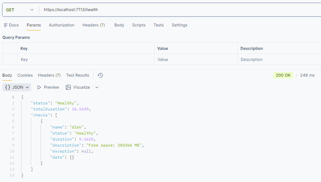 Ausgabe des Health Checks für den Speicherverbrauch in Postman mit weiteren Daten im JSON-Format (Bild 2)