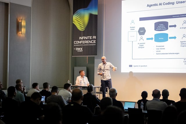 Ab in die Realität: Wolfgang Keller (links, objectarchitects) und Alexander Hofmann (MaibornWolff) zählten die Probleme bei der Entwicklung mit der KI auf.
