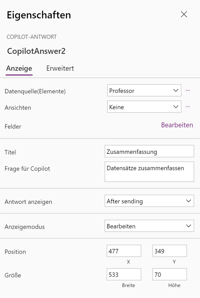 Die Copilot-Antwort-Komponente besitzt wie jedes Steuerelement verschiedene Einstellungen, um diese an die Anforderungen der App anzupassen (Bild 1)