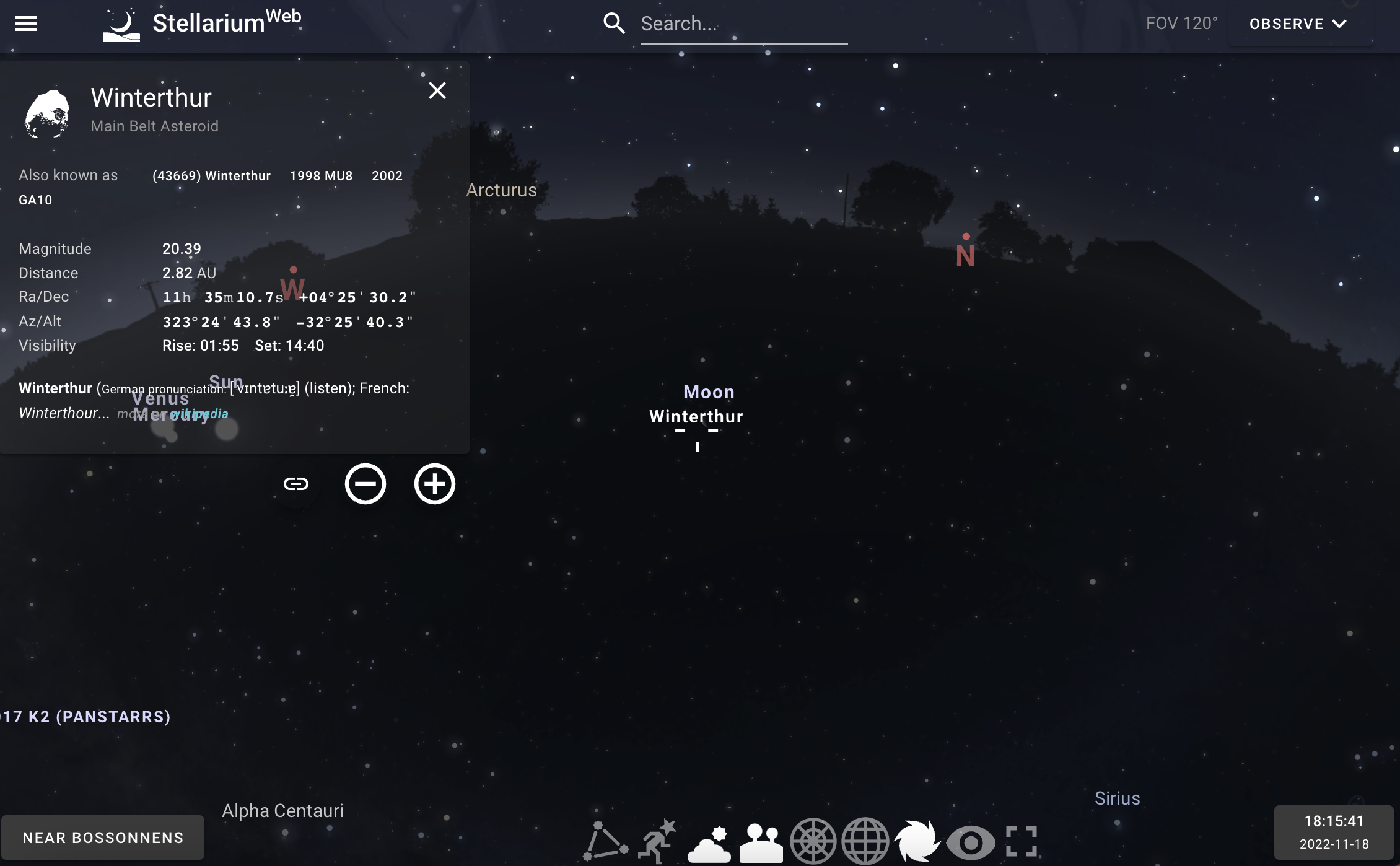 Stellarium zeigt einen Nachthimmel über Winterthur