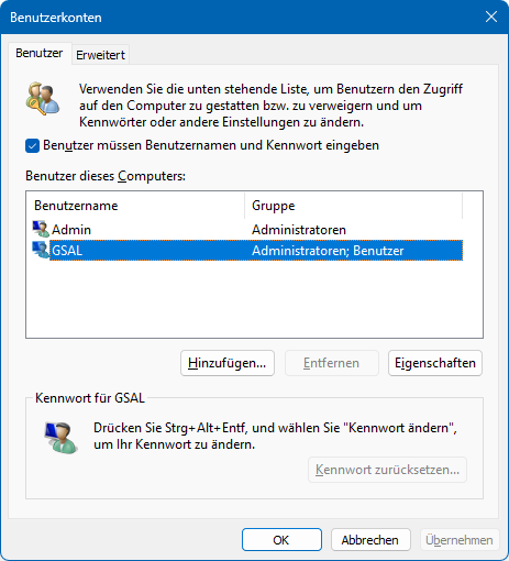 Dialogfenster zum Deaktivieren des Kennworts