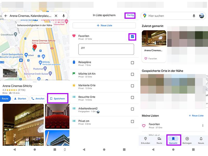 Screenshots der Maps-App, die zeigen, wie man einen Ort speichert, in die Favoriten aufnimmt und die gemerkten Orte öffnet