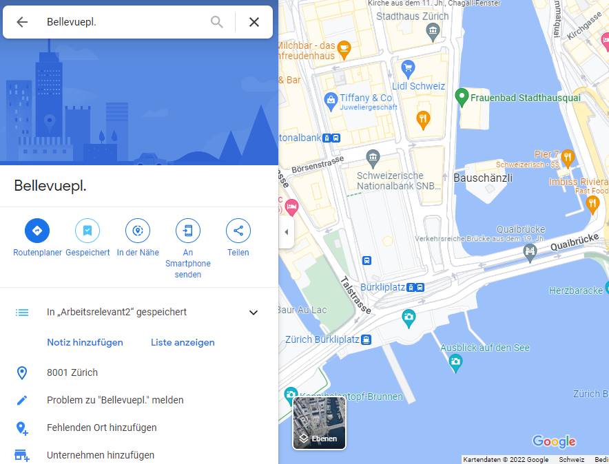 Maps im Desktop-Browser mit den gebotenen Optionen für die angeklickte Adresse