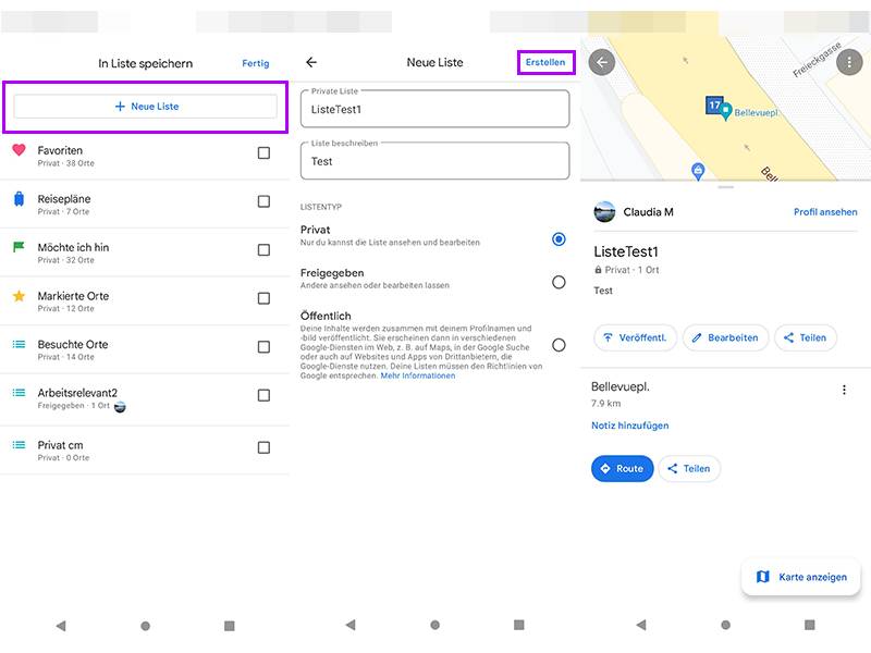 Drei Maps-Screenshots zeigen, wie man eigene Listen erstellt und diese teilt