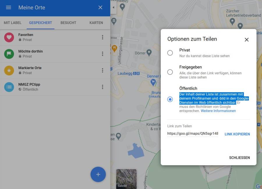 Maps im Browser, mit Option, eine Liste öffentlich zu stellen