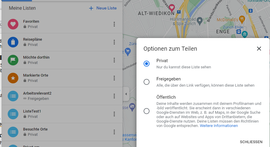 Maps mit der Freigabemöglichkeit