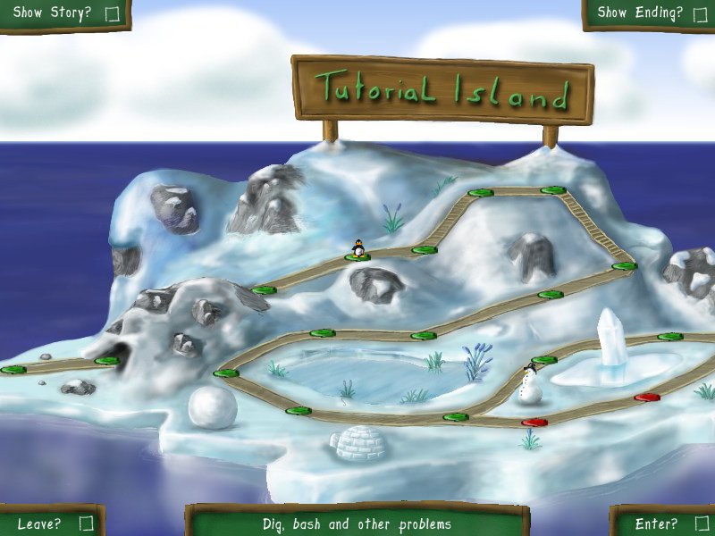 Screenshot Pingus-Game mit Karte auf der Eis-Insel