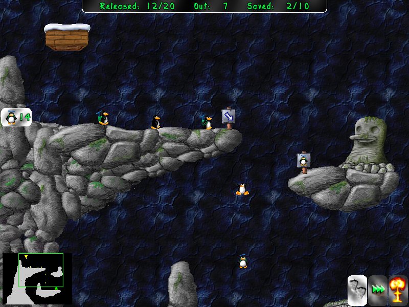 Screenshot: Pingus fallen vom Felsvorsprung auf darunter liegende Ebene