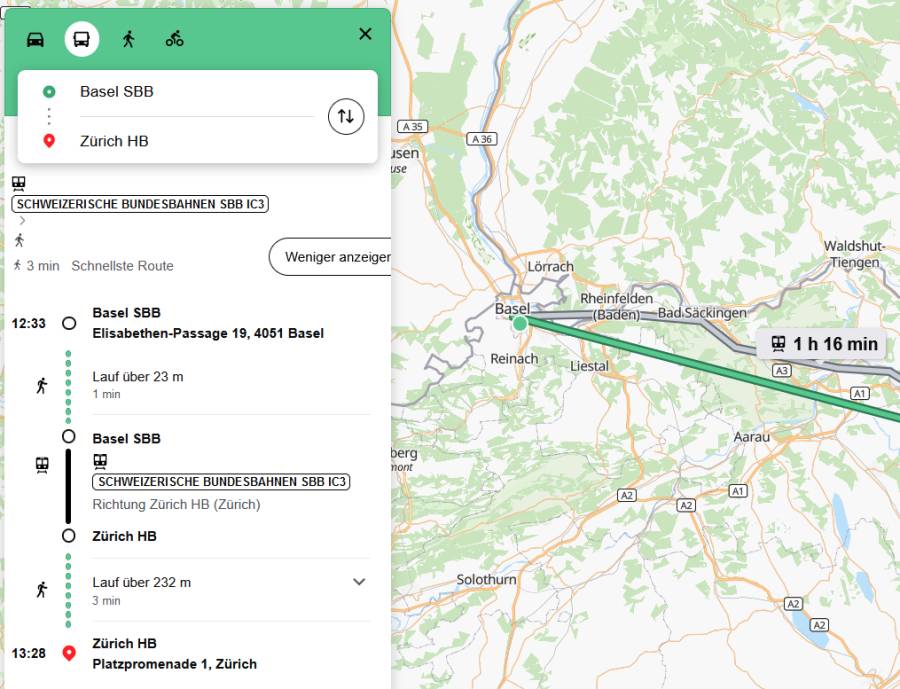 Reisedetails zu einer Route