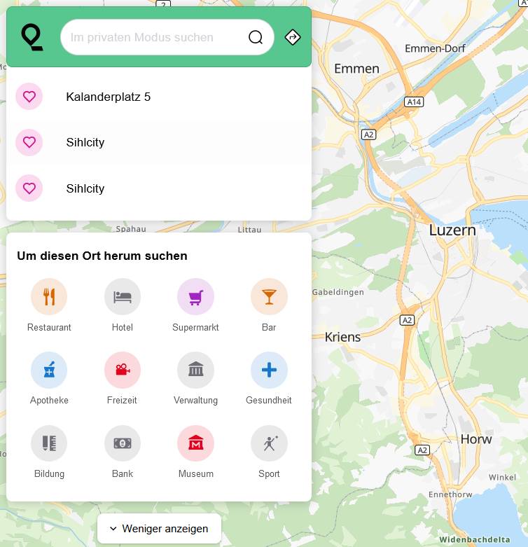 Die Suche nach bestimmten Kategorien, wie Restaurant oder Apotheke