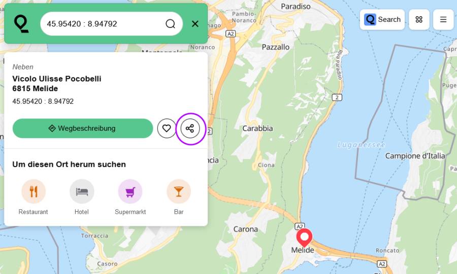 Option zum Teilen eines Ortes
