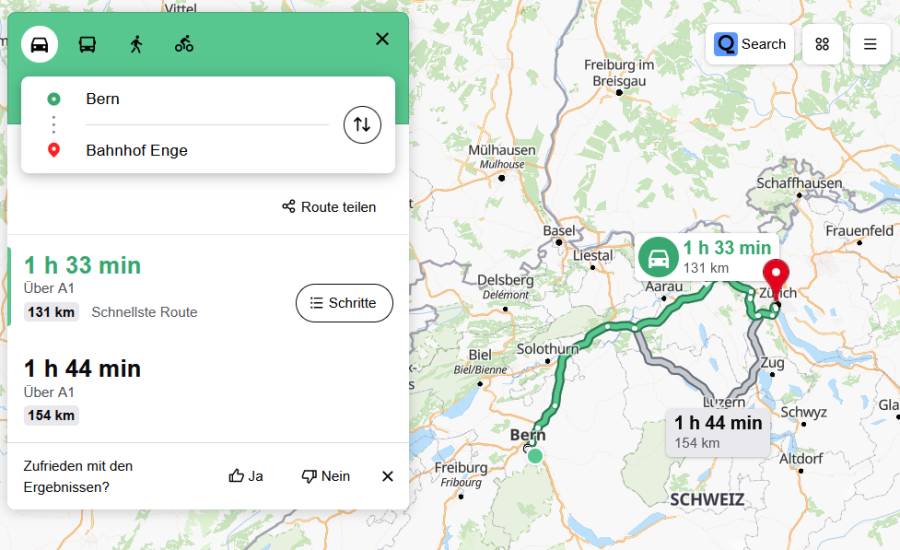 Routenplanerfunktion in Qwant