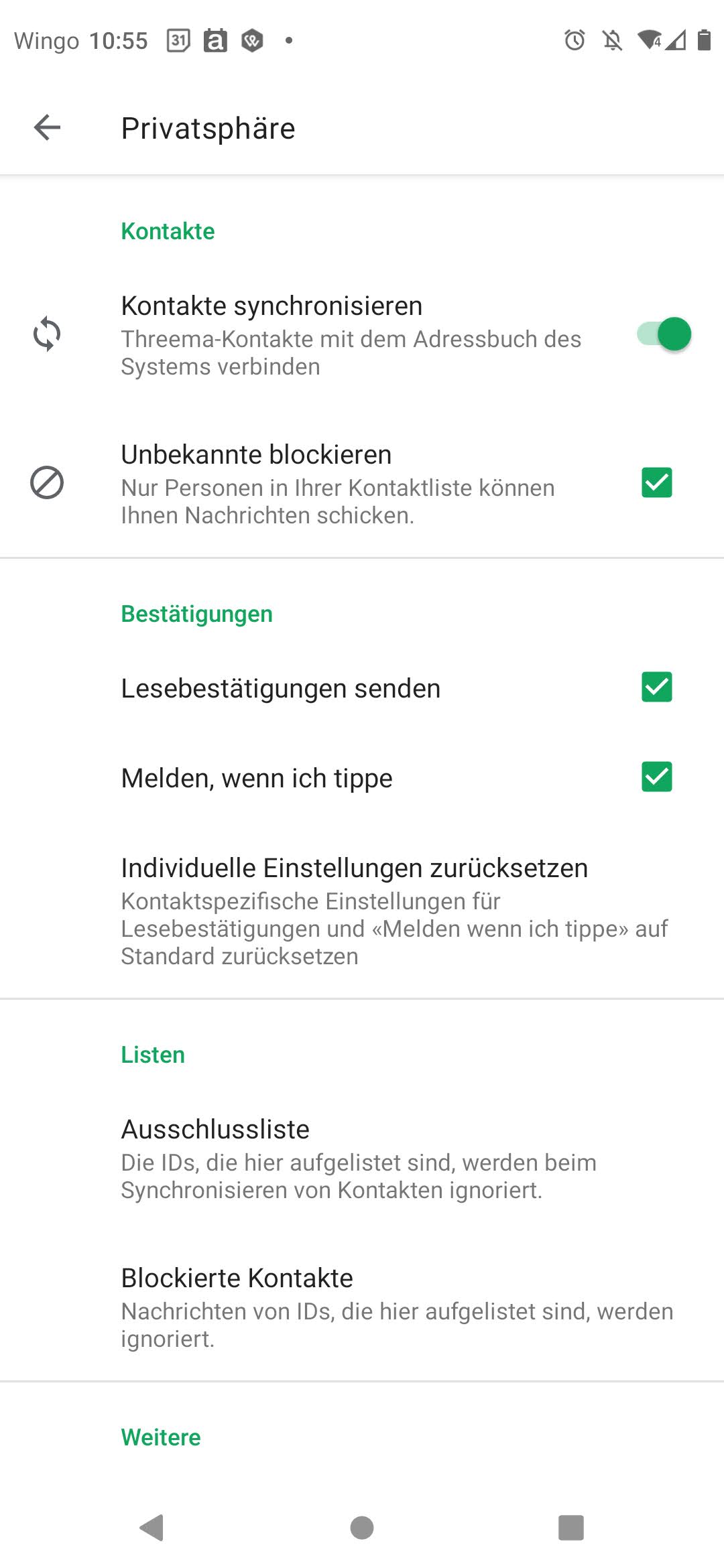 Die Threema-Einstellungen zu «Melden wenn ich tippe»